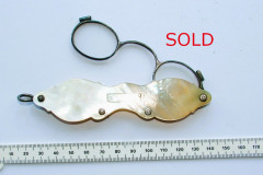 012a Mother of Pearl cased, silver rimmed Adam Pocket Spectacles with silver cartouche and original lenses. Small loss of MOP near ribbon ring on one side otherwise in good order. Requires cleaning. Members £25 (non members £30) plus postage. SOLD